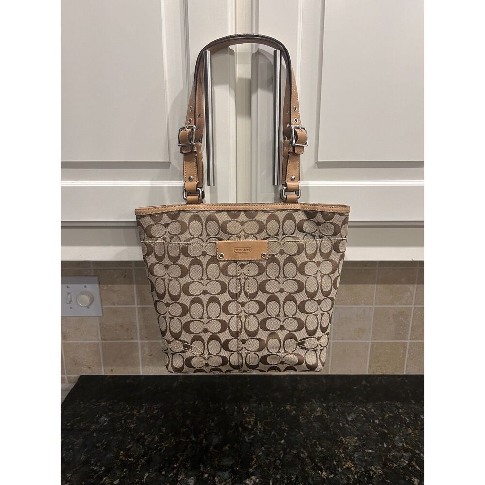 Coach Hamptons Signature Tote Bag – Tan Canvas & Vachetta Leather Shoulder Bag